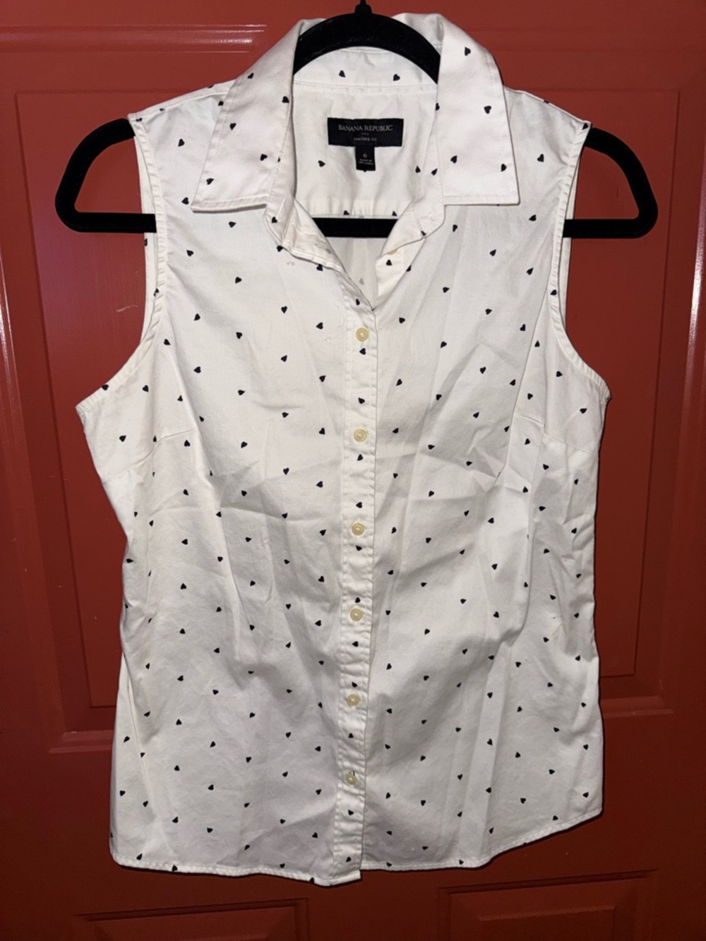 Talbots White Sleeveless Button-Down Shirt with Black Heart Print